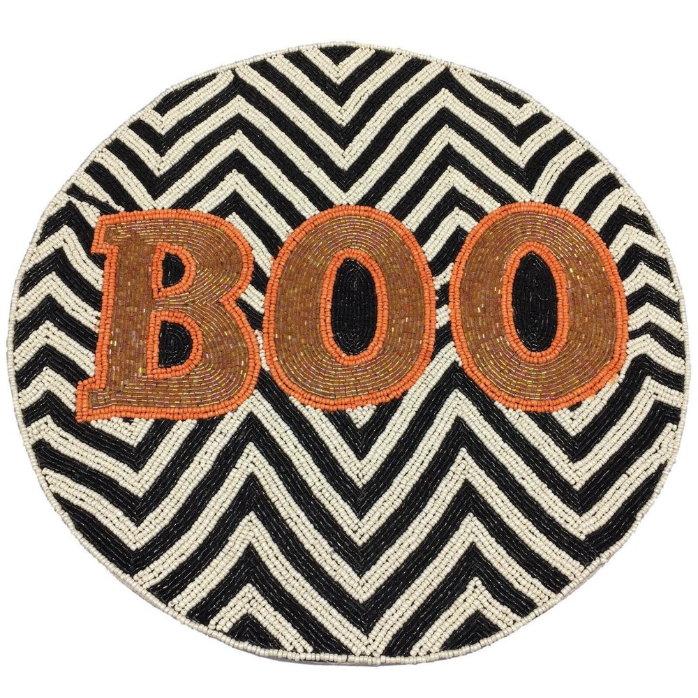 Nicole Miller Halloween Beaded BOO Placemat Centerpiece Black White Chevron 15”